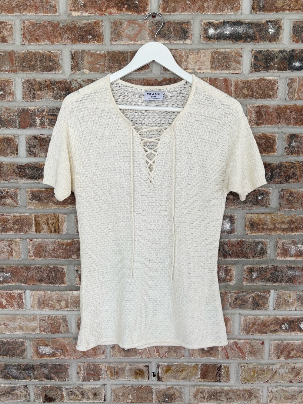FRAME Cotton Modal Open Knit Lace Up Top Small Cream Ivory